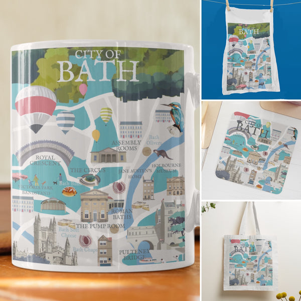 City of Bath Illustrated Map Travel Print