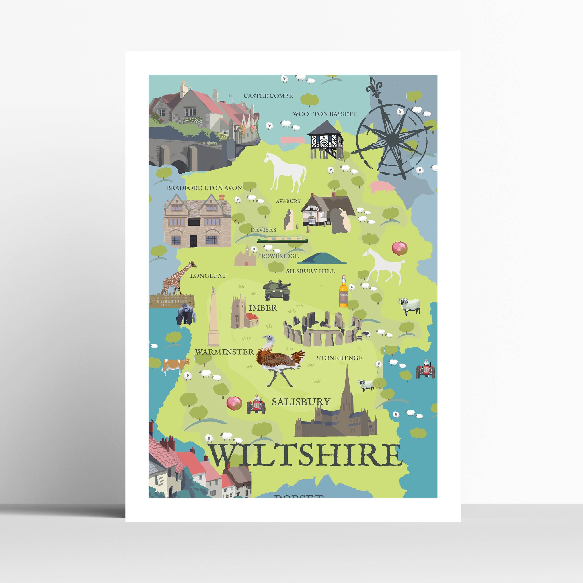 Wiltshire Illustrated Map Travel Print