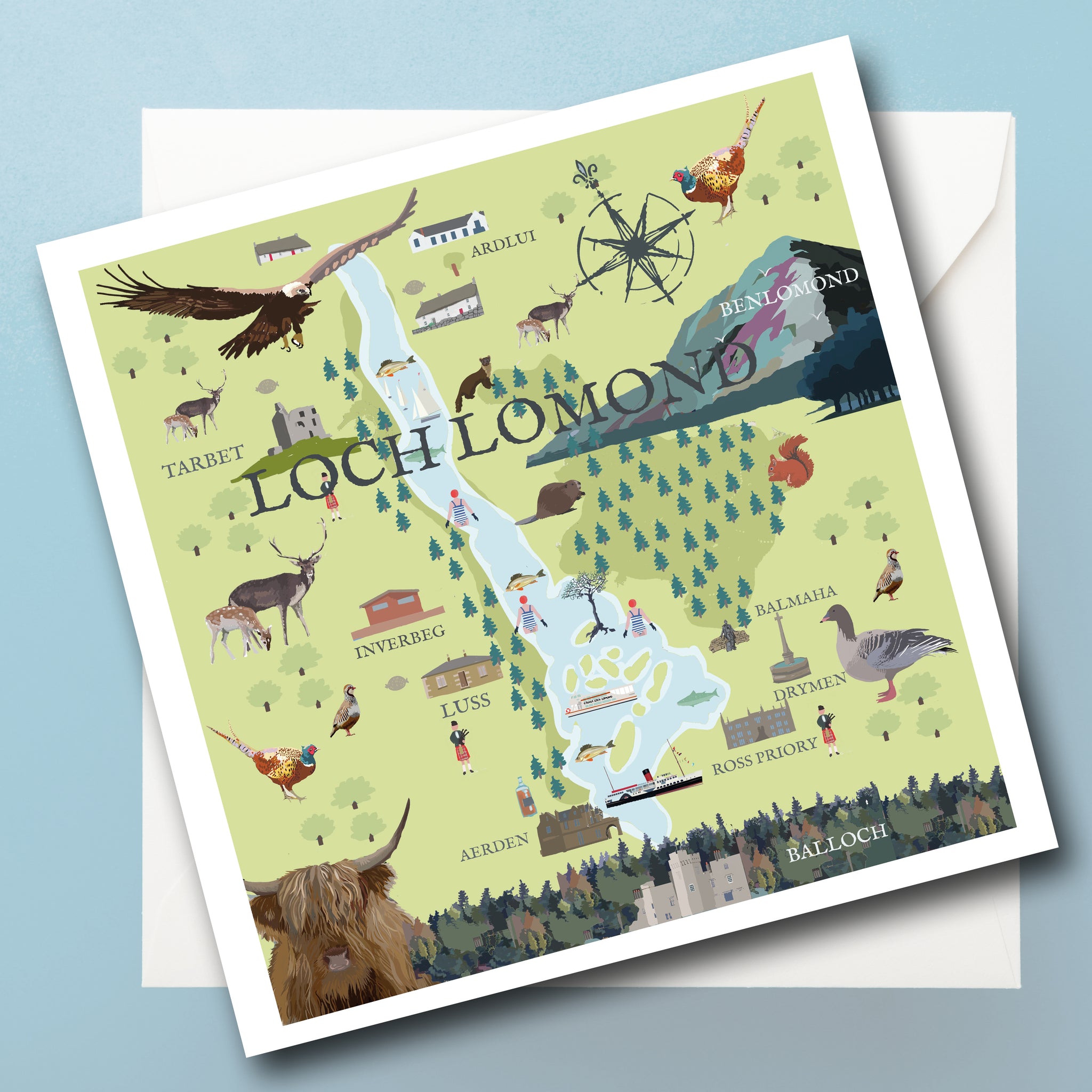Loch Lomond Illustrated Map Greeting Card