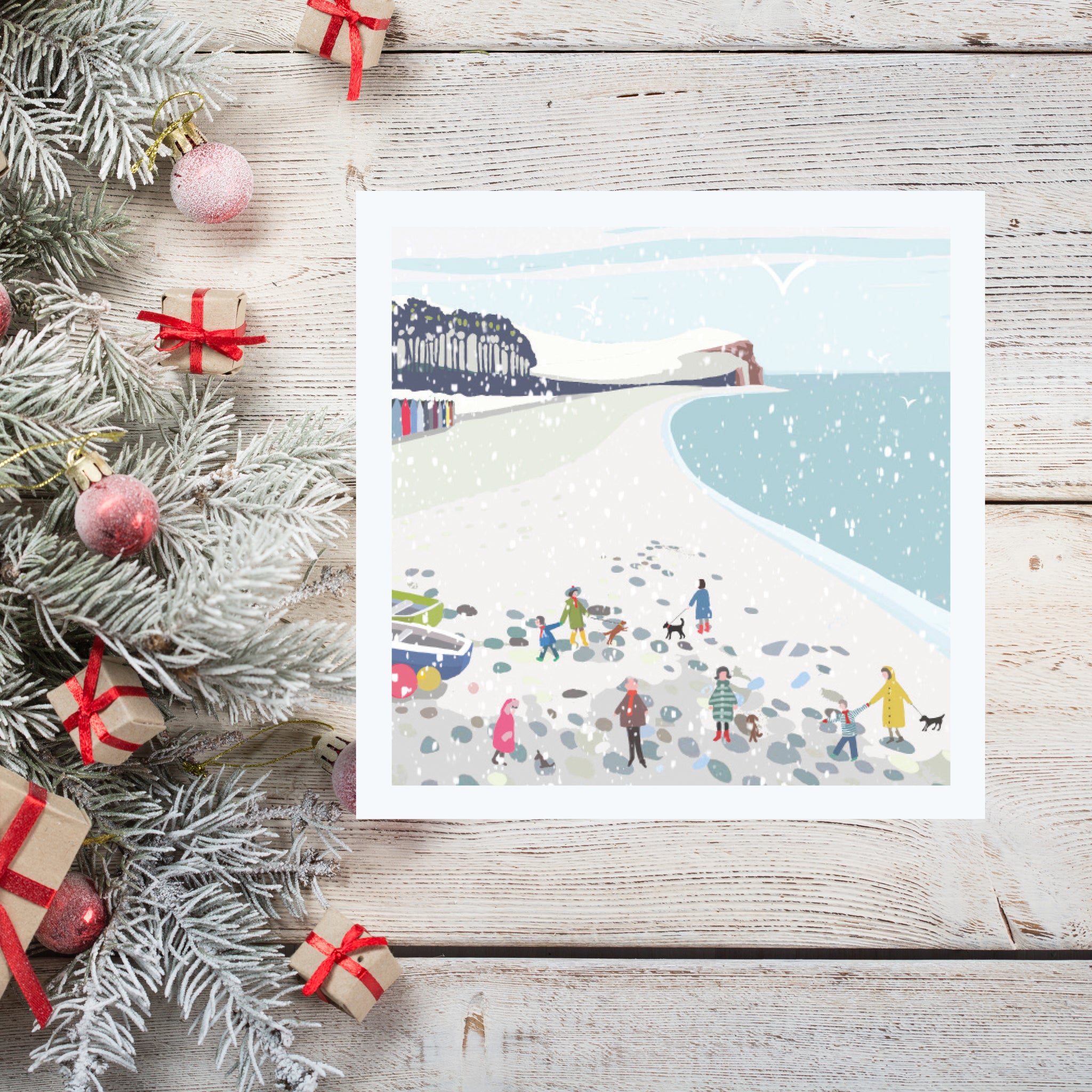 Dogs on Beach with Trees Cornwall Christmas Card